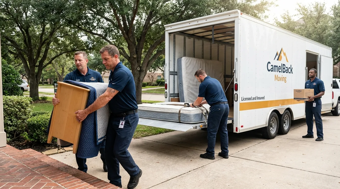 Crew loading residential truck for cross-state move from Coppell, TX