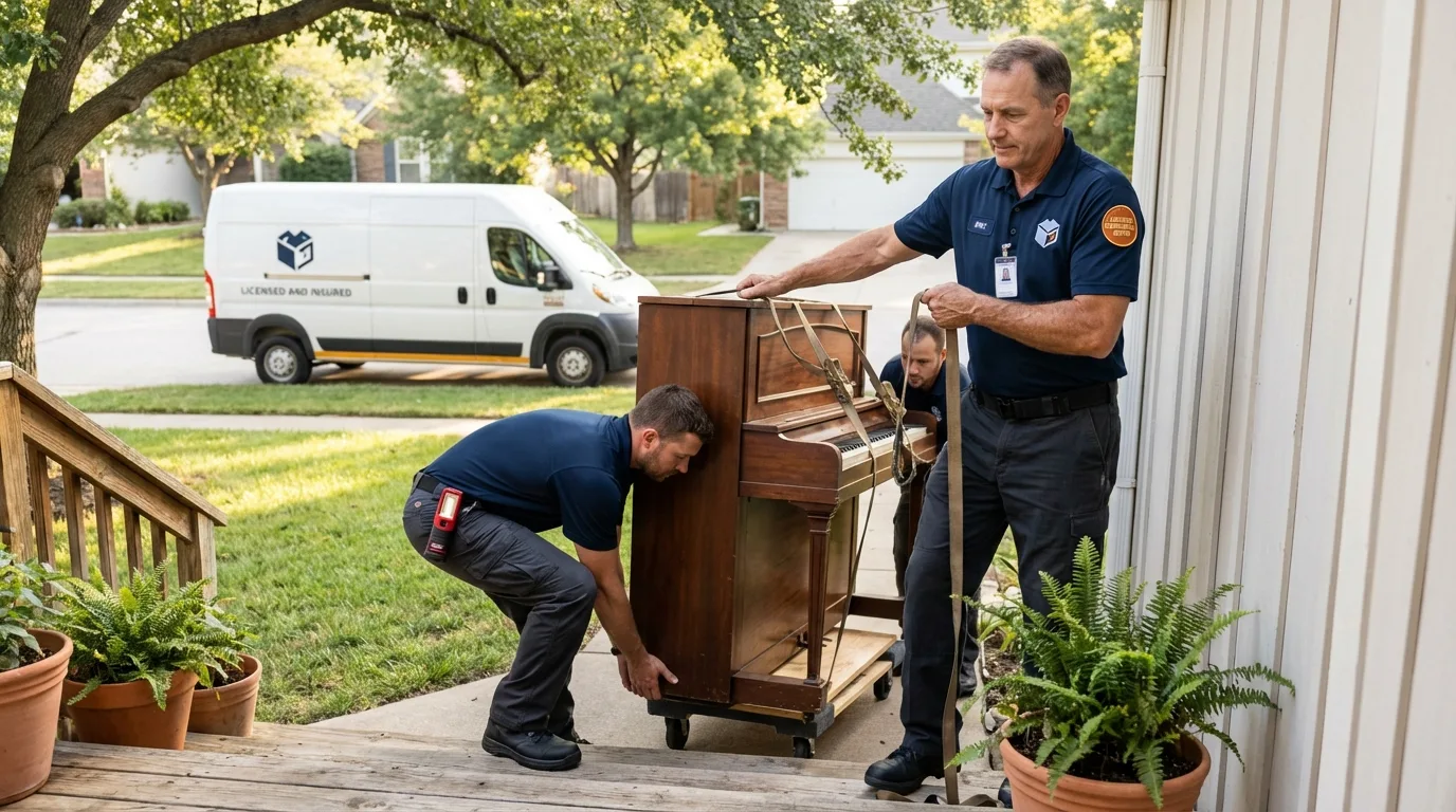 Licensed piano movers securing grand piano in Coppell, TX