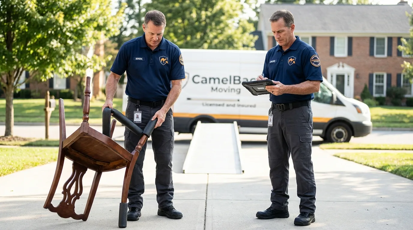 Movers inspecting furniture for damage prevention before loading in Coppell, TX