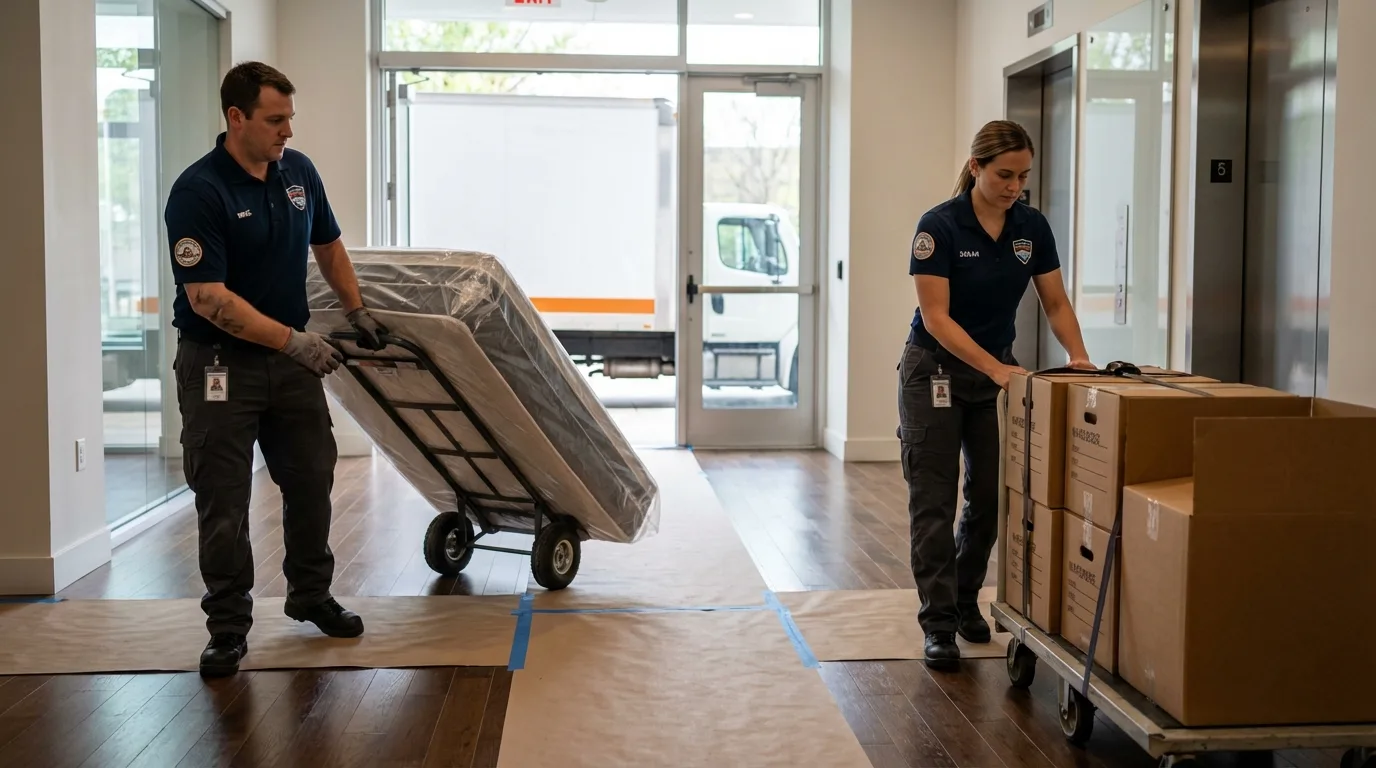 Professional apartment movers loading elevator in Coppell, TX